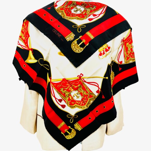 Unused Celine Paris 100% Silk Scarf Satin 34" Beige Black Red Prumpet Bow  (37 - Picture 16 of 16